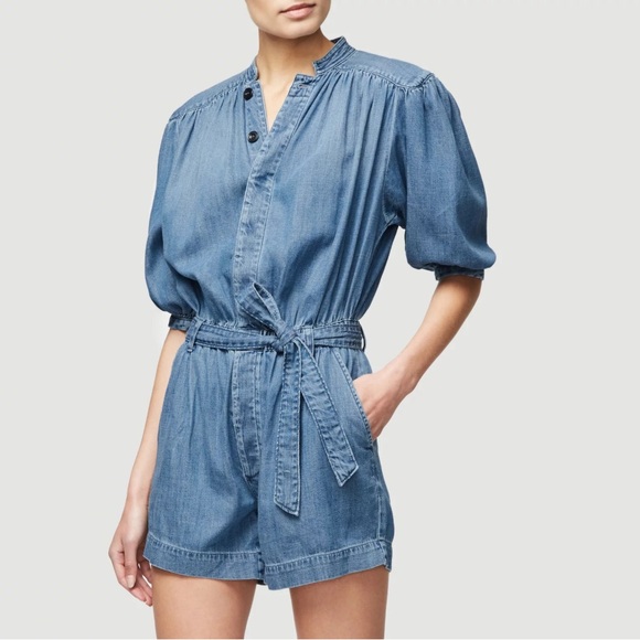 FRAME Cali Denim Romper Size S Blue Belted, Puff Sleeve, Button Front - Picture 3 of 11